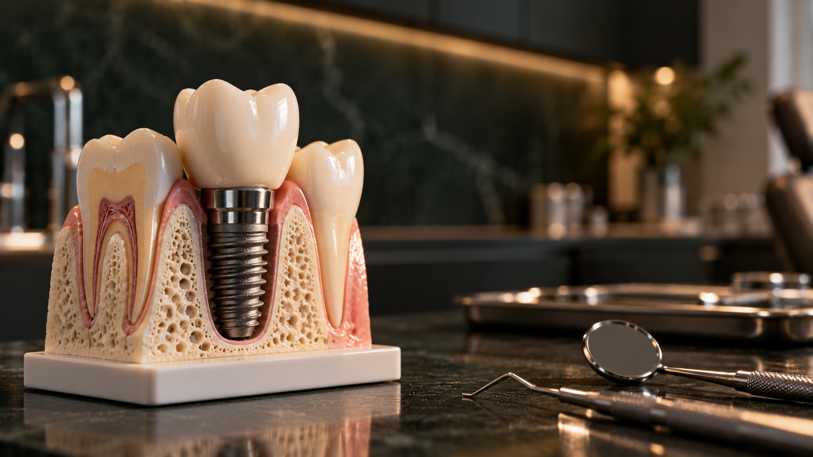 Anschauungsmodell eines Zahnimplantats im Dentallabor (KI-Stimmungsbild)